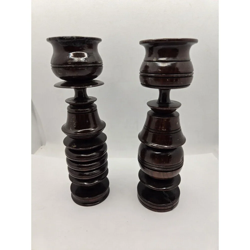 Antique Hand Made Turned Wood Gothic Style Wooden Candle Stick Holder Old World
